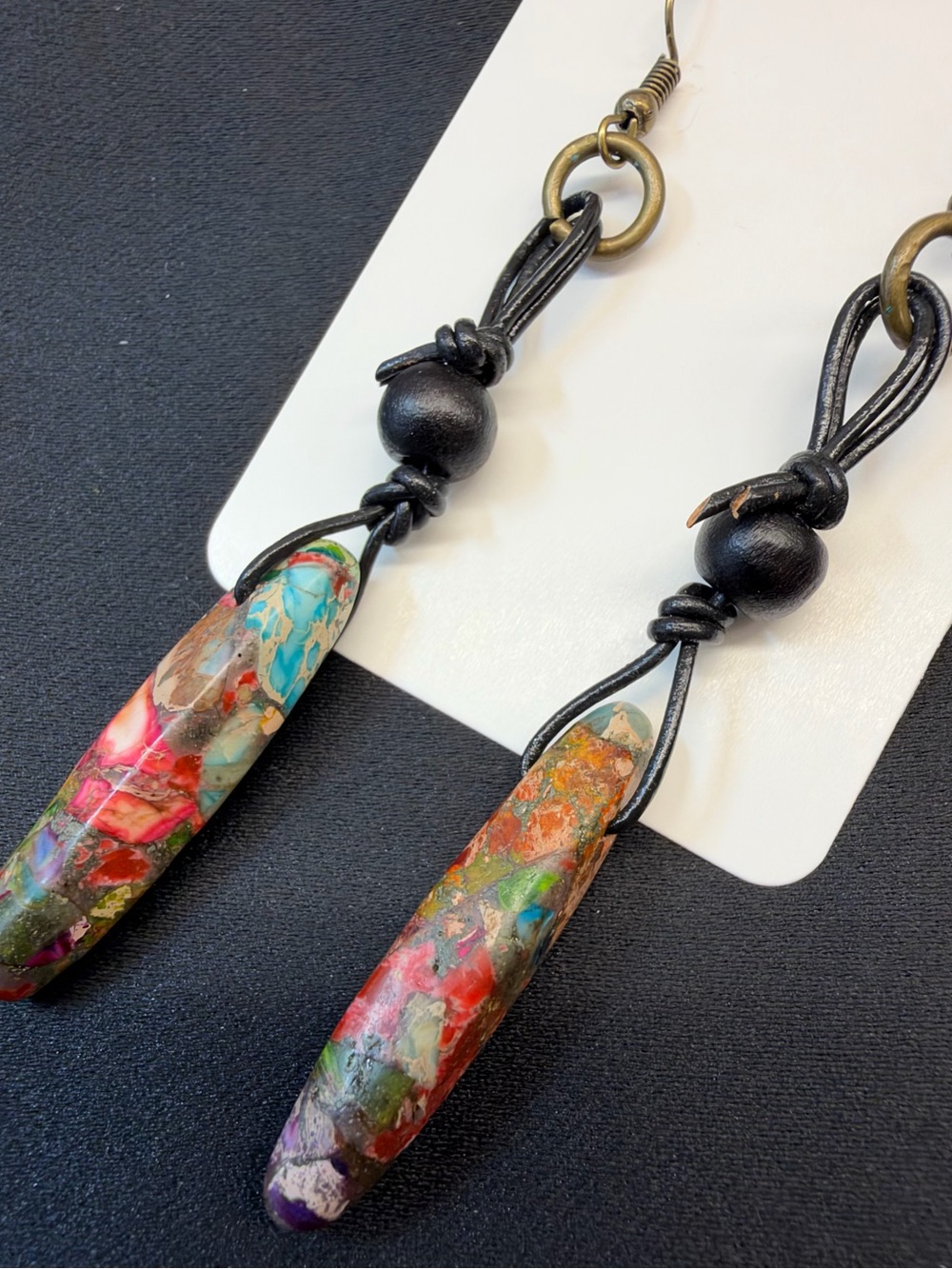 Handmade Multicolor Drop Earrings with Black Leather Accents